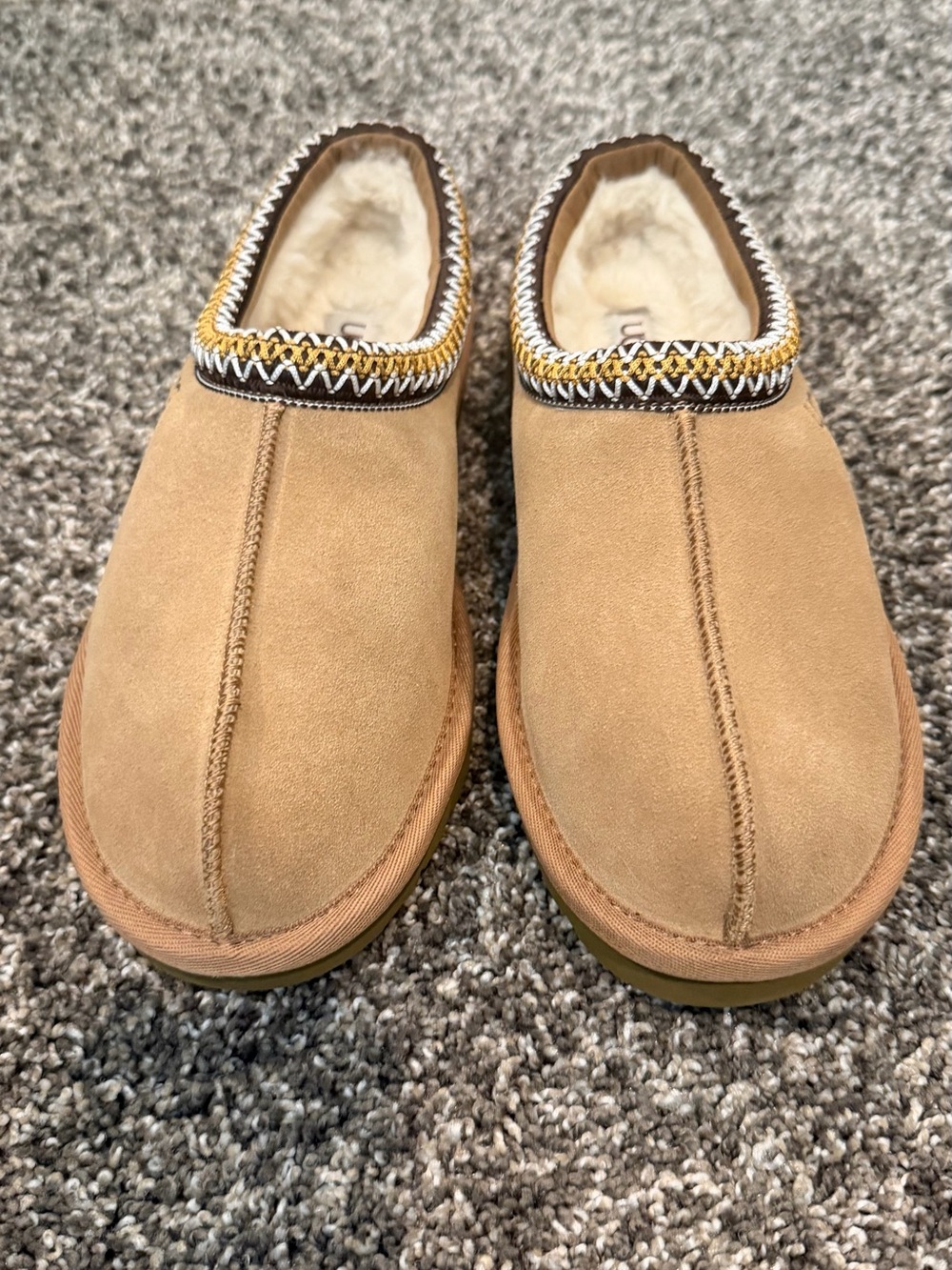 Brand newUGG Chestnut Brown Suede Shearling Moccasin Slippers with Metallic Trim - Picture 2 of 4